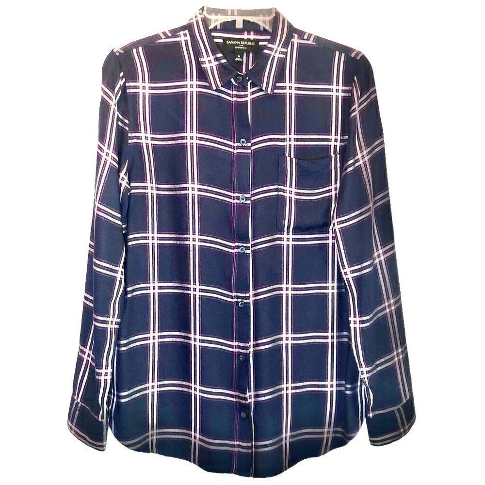 Banana Republic Plaid Boyfriend Button Down Shirt in Navy/White/Pink Women’s M